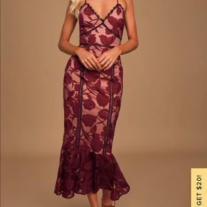 Lulus Burgundy Floral Mesh Lace Trumpet Midi Dress.